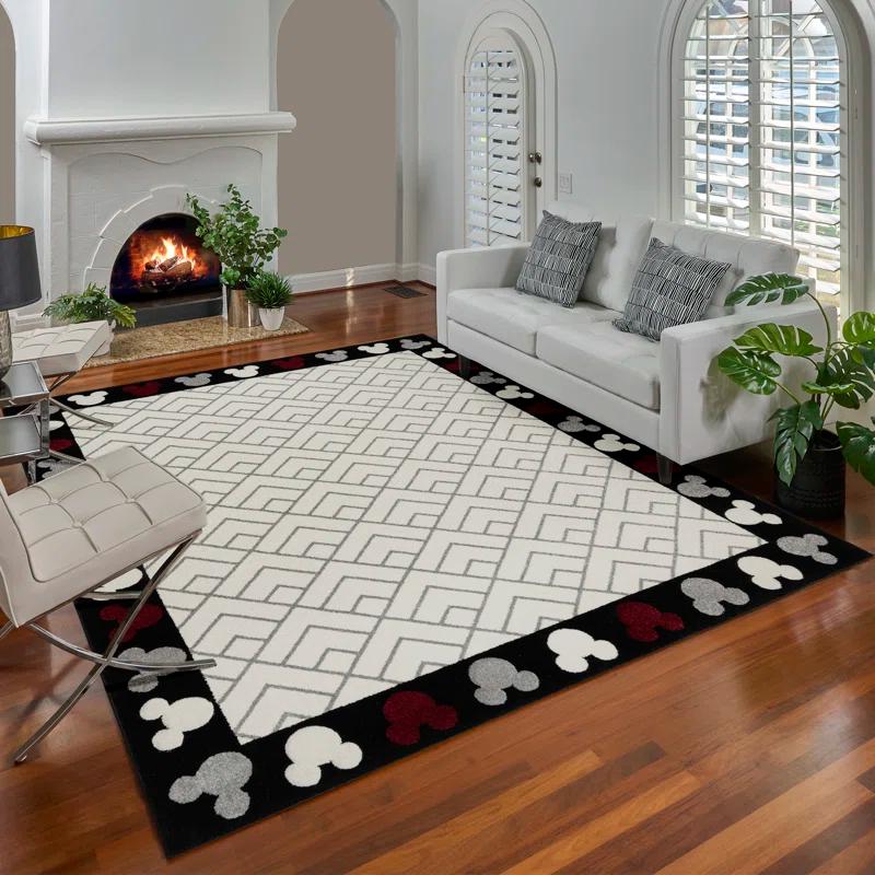 Disney by Gertmenian Disney Bravo Mickey Mouse Border Heads Modern Geometric Ivory Area Rug