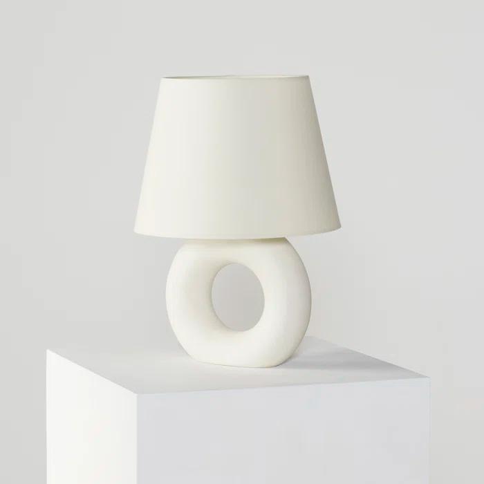 Brightech Chloe 15.5" Modern LED Table Lamp with Circular Ceramic Base and Natural Cotton Shade