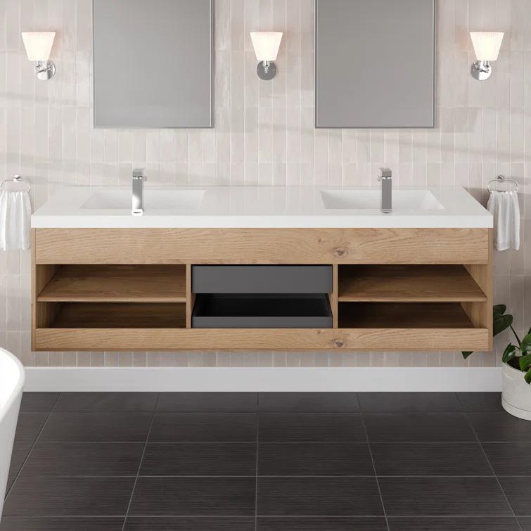 Wade Logan® Wauconda 72"W X 20"D Wall Mount Double Sink Bathroom Vanity With White Acrylic Countertop And Integrated Sinks