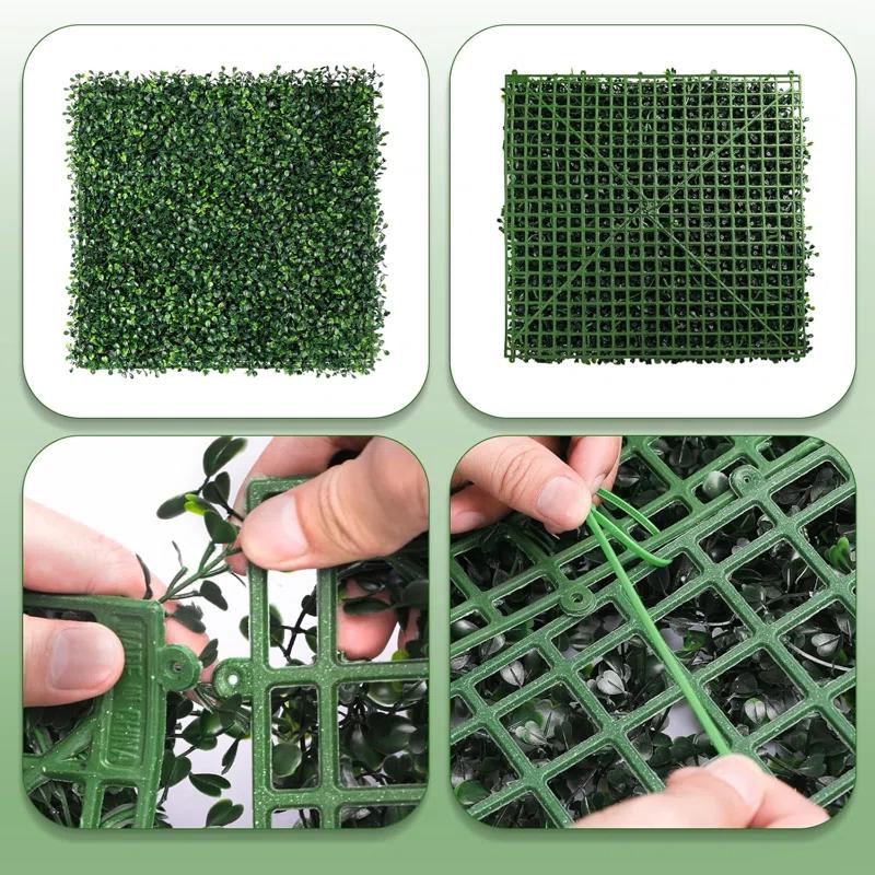 Tianqi Artificial Boxwood Plant Hedge, Green Grass Backdrop, Indoor and Outdoor Use (Set of 12)