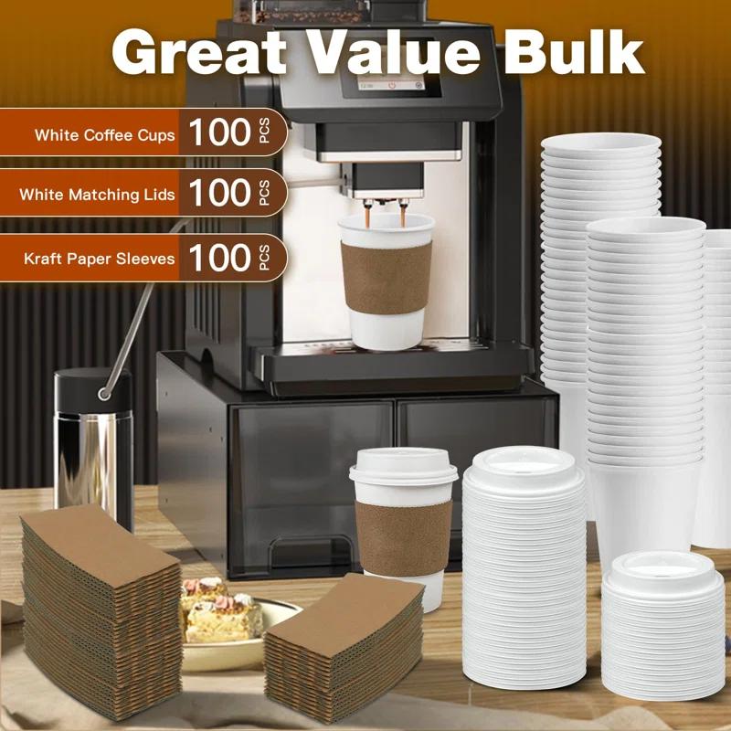 FAST APPLIANCES LLC Paper Cups,Cups,Disposable Cups 100 Pack 12 Oz Leak-Proof Coffee Cups With Lids And Sleeves Disposable Paper To Go Hot Coffee Cups For Home, Business, Office, Cafes And Parties