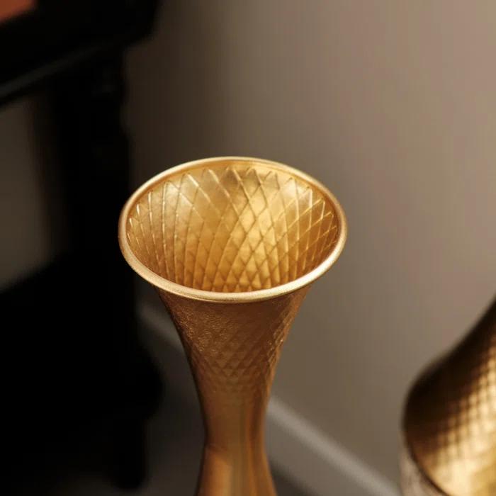 Everly Quinn Medhansh Metal Floor Vase (Set Of 3), Tall Large Flower Vase With Tapered Opening & Lattice Weave Texture, Antique Gold Finish