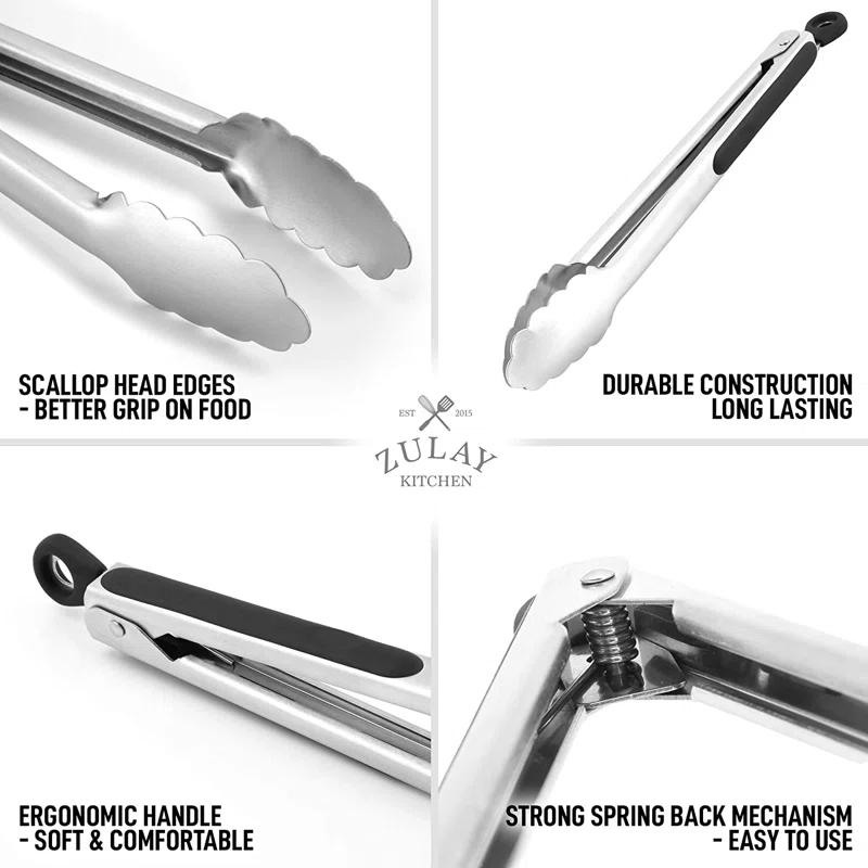 Zulay Kitchen Zulay Stainless Steel Tongs For Cooking - Scallop Head Edge Kitchen Tongs - Easy Grip BBQ Grill Tongs With Lock