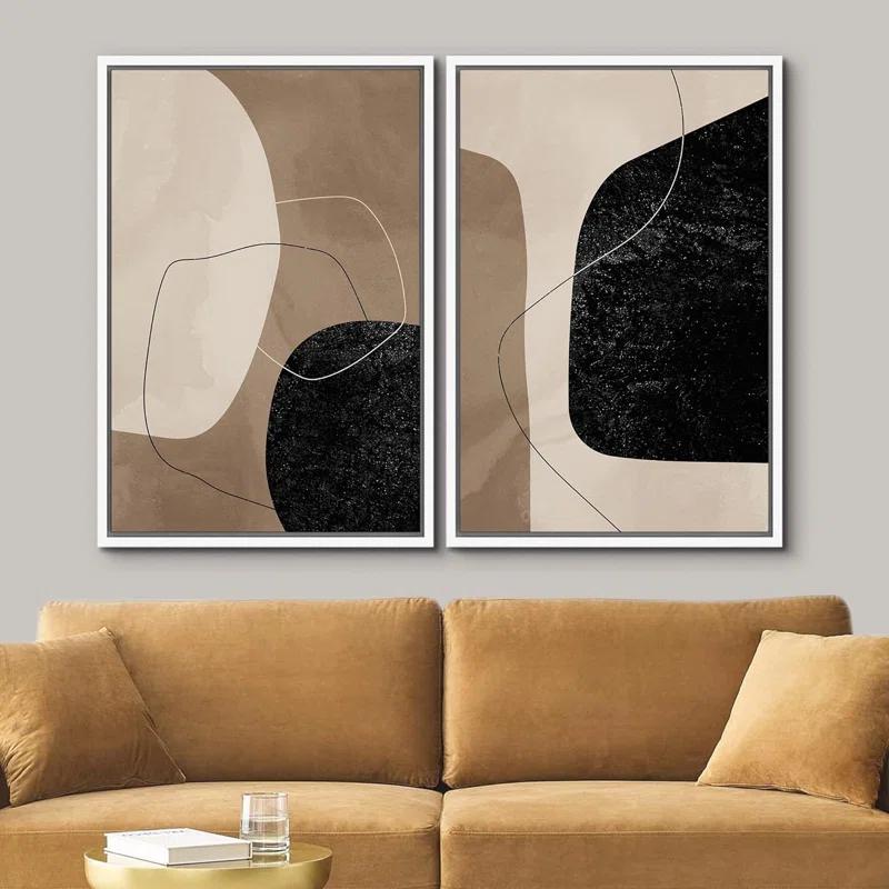 Mid Century Shape "Brown And Black Abstract Neutral Line Chic Framed Canvas Print 2 Pieces Wall Art