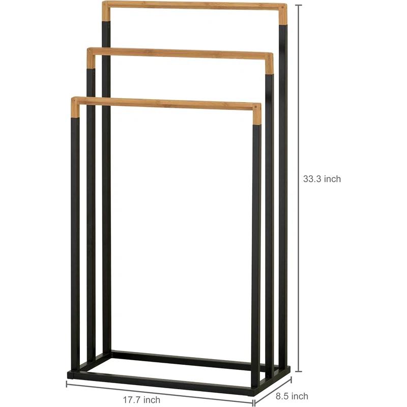 MyGift 33 Inch Black Chrome Plated Metal Freestanding Bathroom Towel Rack Stand with 3 Tier Bamboo Wood Bar, Laundry Room Drying Rack Stand