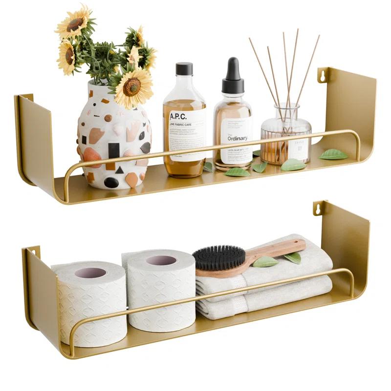 Mercer41 16 Inch Gold Floating Shelves Set Of 2, Modern Iron Bathroom Shelves With Guardrail, U-shaped Wall Mounted Shelf For Home Decor & Organizer, Display Shelf For Bathroom,kitchen,bedroom&any Room