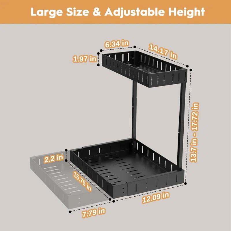 Rebrilliant Under Sink Organizer, 2 Tier Expandable Under Cabinet Organizer, Heights Adjustable Pull Out Storage For Kitchen Bathroom Laundry, Black, 1 Pack