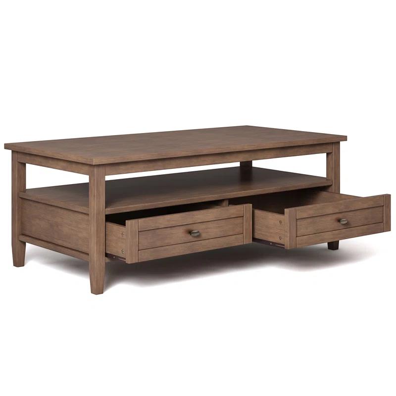 Simpli Home Warm Shaker 48"W Solid Wood Coffee Table with Two Storage Drawers and Open Shelf