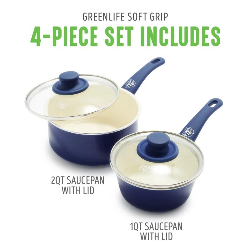 GreenLife GreenLife Soft Grip Healthy Ceramic Nonstick, 1QT And 2QT Saucepan Pot Set With Lids, Dishwasher Safe