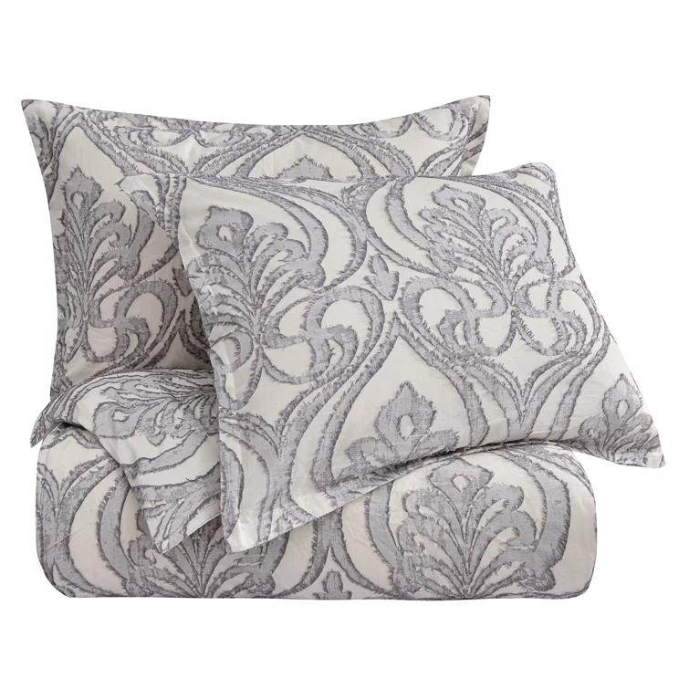 HiEnd Accents Nicole Gray Damask Pattern Cotton Classic Chic Casual Duvet Cover Set