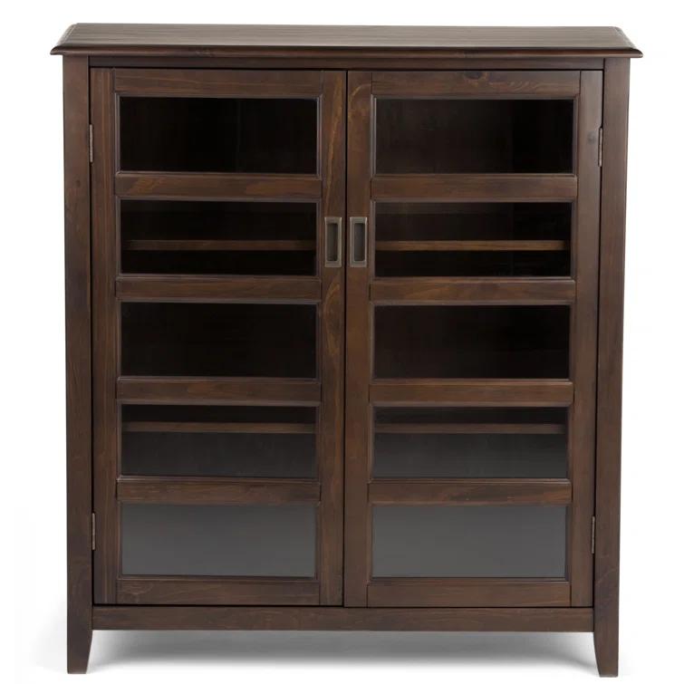 Simpli Home Burlington 40"W Solid Wood 4-Shelf Medium Storage Cabinet with Tempered Glass Doors and Adjustable Shelves