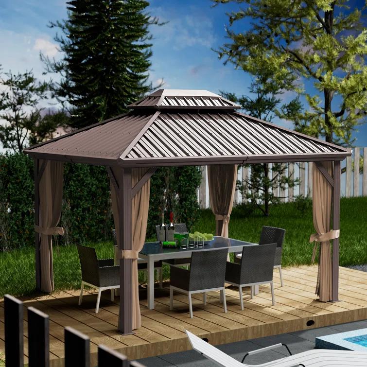 Kozyard Kozyard Caesar Gray Double Roof Hardtop Gazebo with Privacy Curtain and Mosquito Netting