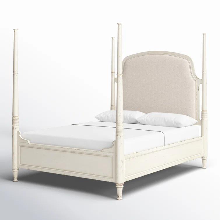 Beige Queen Upholstered Poster Bed with Wood Frame