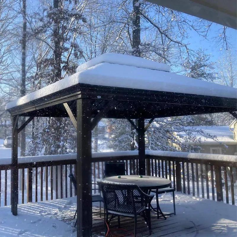 Arlmont & Co. Istref 10x12 Dark Brown Double Roof Hardtop Gazebo with Curtain and Mosquito Netting