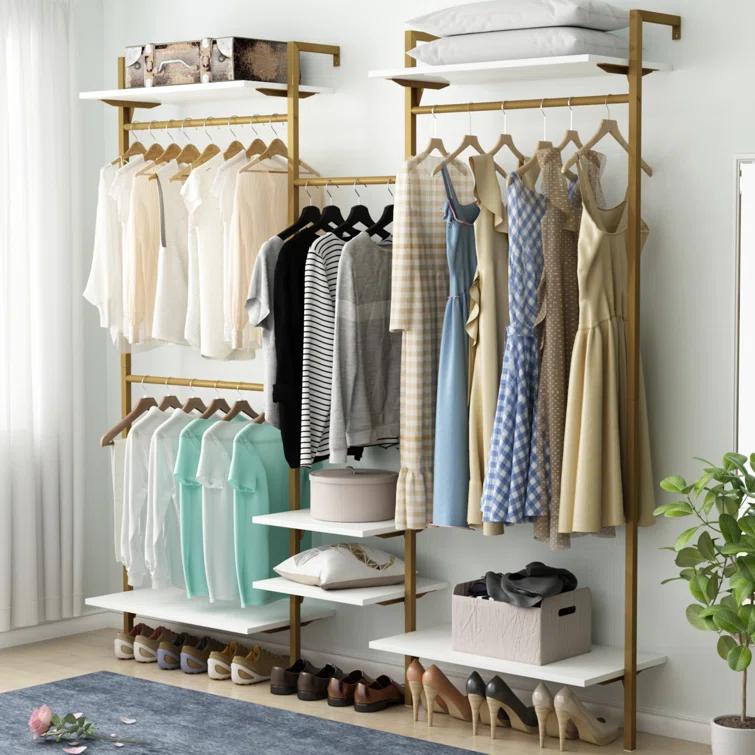Rebrilliant Oloran Gold Wall Mount Clothes Rack with 4 Hanging Rods, Clothing Rack with 6-Tier Adjustable Shelves