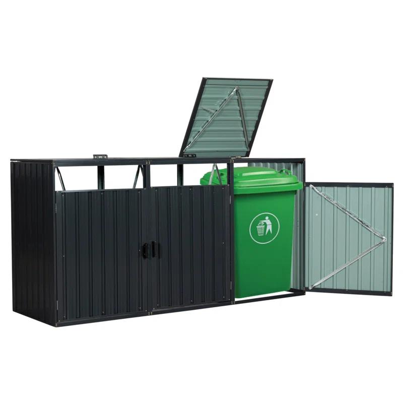 HLILish Garbage Bin Shed Stores 3 Trash Cans Metal Outdoor Bin Shed For Garbage Storage,Stainless Galvanized Steel, Bin Shed For Garden Yard Lawn