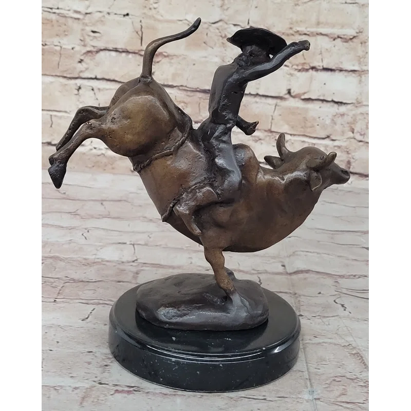 Trinx Rashee Rodeo Bull Rider Cowboy Bronze Statue Sculpture Marble Base Western Decor 9 Inches X 9 Inches