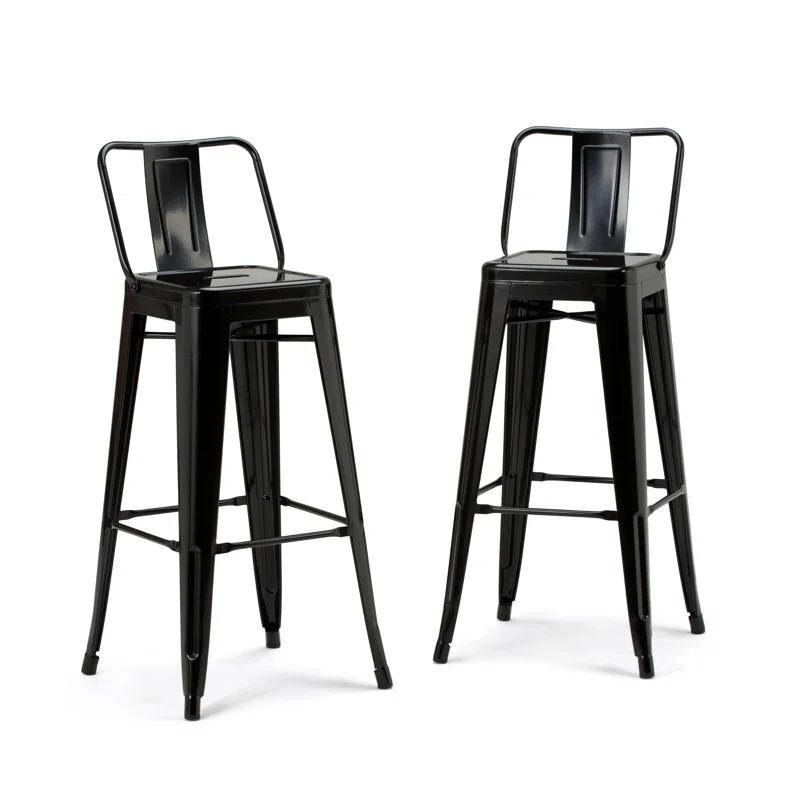 Simpli Home Rayne Metal Industrial Stool with Curved Back, Cross-Brace, and Footrest