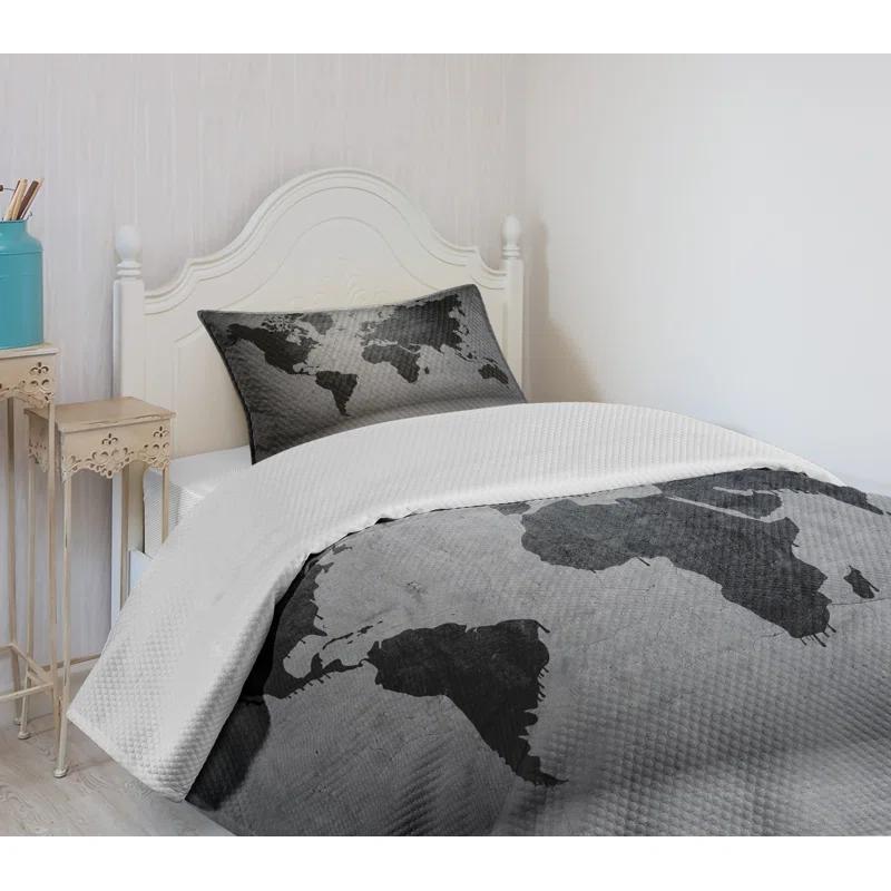 Ambesonne Ambesonne Dark Grey Bedspread Set World Map on Wall Grey Black