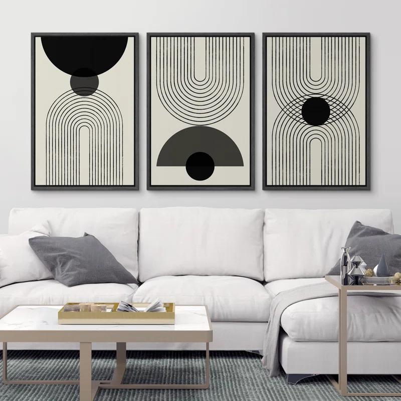 Mid-Century Modern Black And White Minimalist Abstract Home Decor Framed Wall Art Work Canvas Print