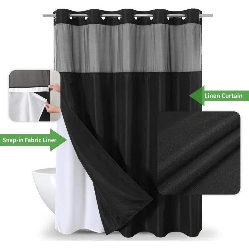 No Hooks Needed Linen Textured Shower Curtain with Snap-in Fabric Liner Set,with Mesh Top Window