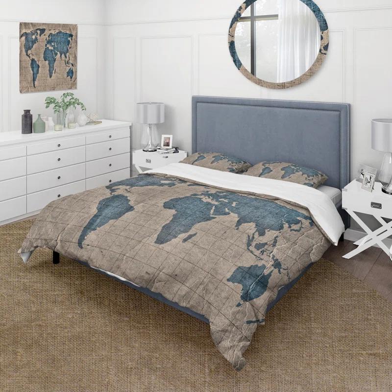 Ancient Map of The World I - Rustic Duvet Cover Set - Microfiber Polyester