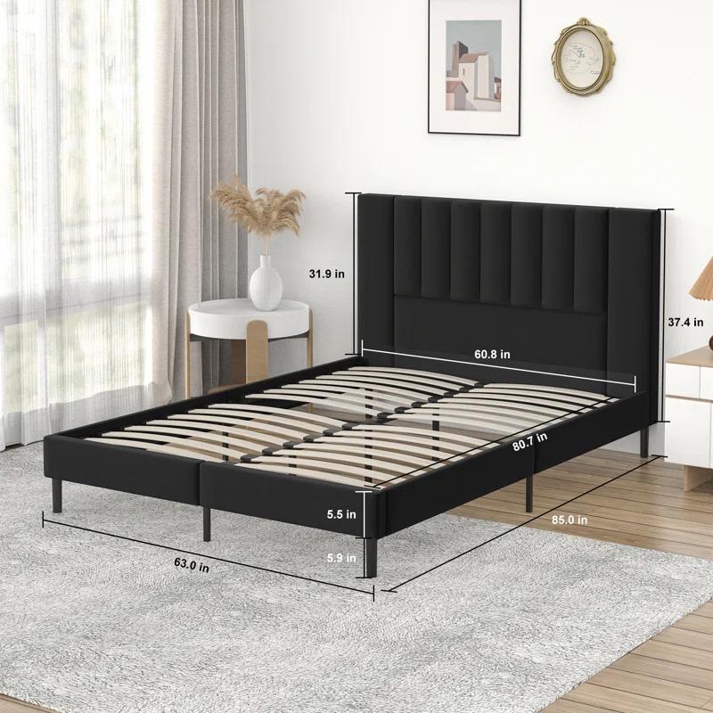Flolinda Platform Bed Frame with Tufted Upholstered Headboard & Solid Wood Bed Legs