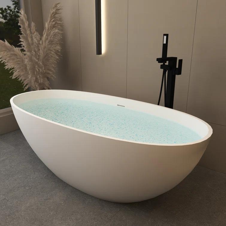 TCYO 65 in. x 30 in. Solid Surface Freestanding Soaking Bathtub with Center Drain in Matte White TYMYBT11-65MW