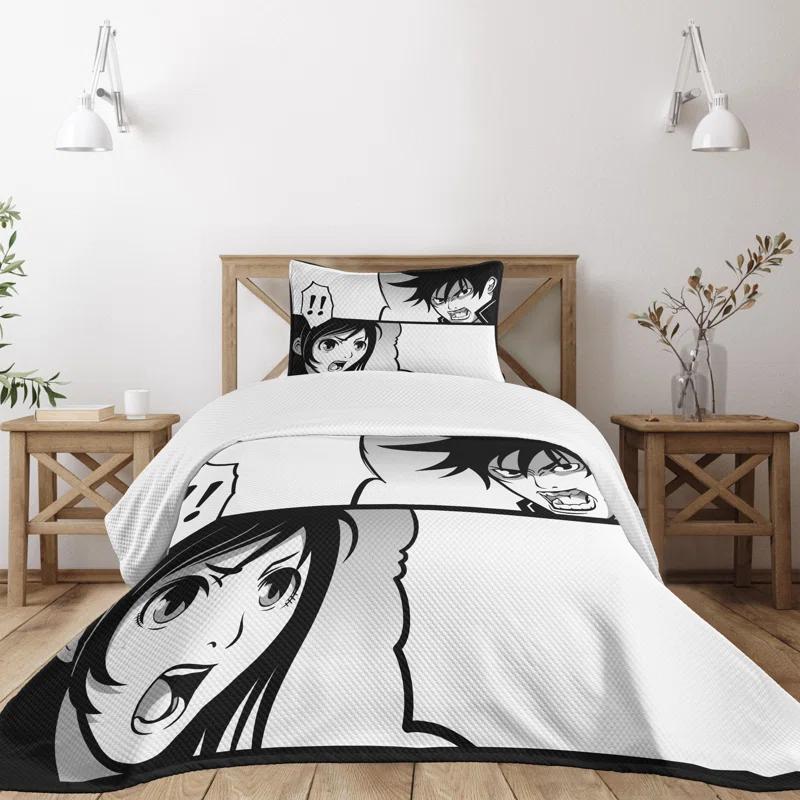 Ambesonne Ambesonne Anime Bedspread Set Japanese Cartoon Comic Black White Grey