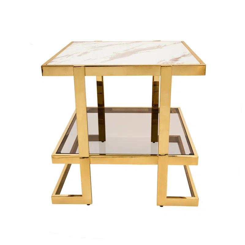 Mercer41 Atli Modern 24" Accent Table with Marble-Look Top, Glass Shelf & Gold Metal Geometric Frame for Living Room or Bedroom