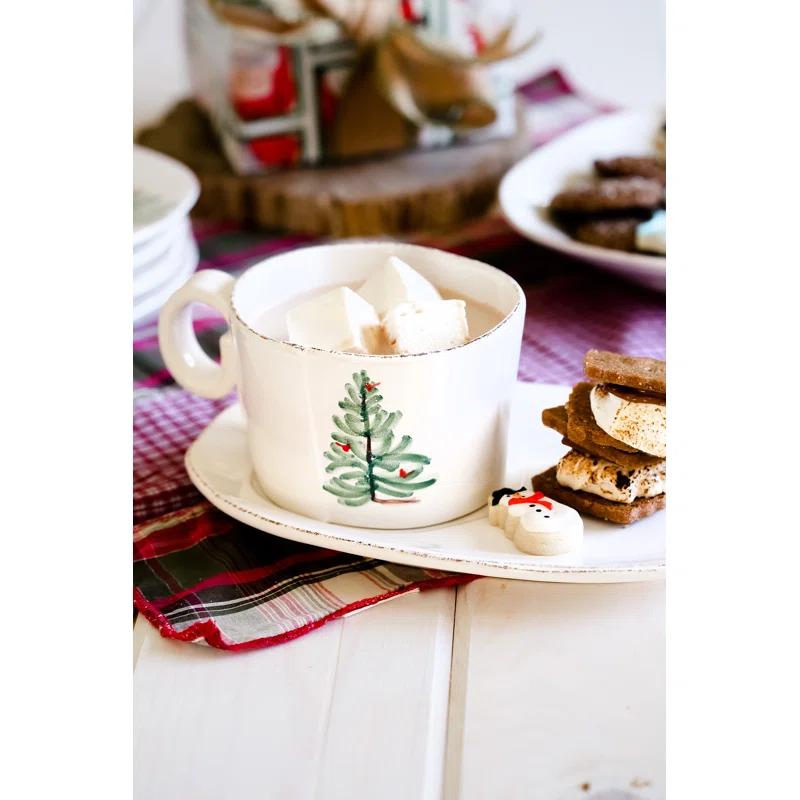 White and Green Stoneware Holiday Coffee Mug, 16 OZ