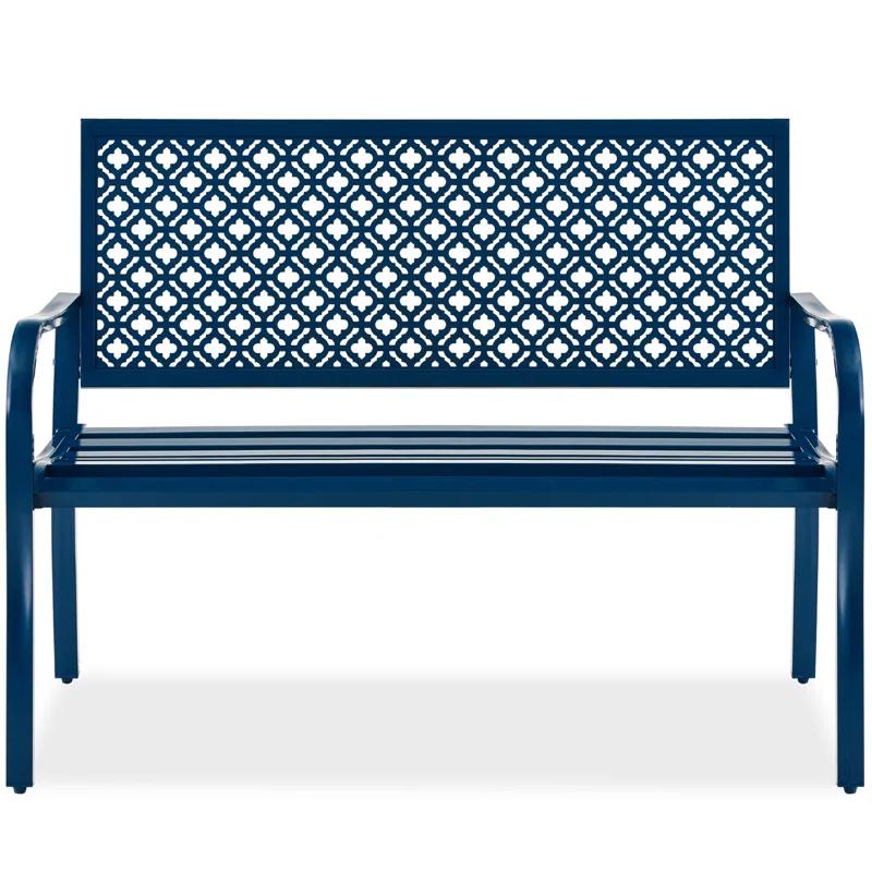 Red Barrel Studio® 2-Person Outdoor Metal Bench with Geometric Backrest, 790lb Capacity, for Garden, Patio, and Entryway