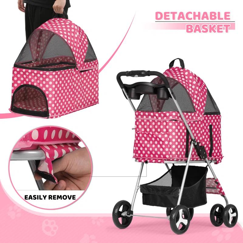 3-In-1 Pet Stroller Foldable Pet Stroller With Weather Cover Storage Basket For Dog Cat