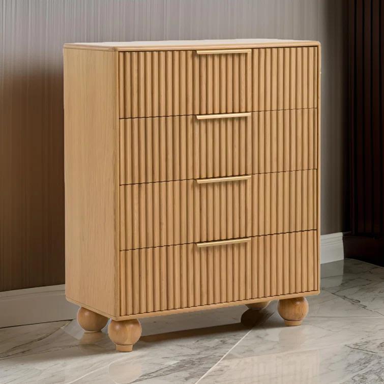 Benjara Cid Joya 45 Inch Tall Chest, 4 Drawers, Golden Metal Handles, Natural Oak
