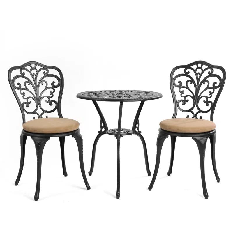 Astoria Grand 3 Piece Outdoor Patio Set Butterfly Pattern Cast Aluminum Bistro Table and Chairs Set of 2 with Cushion Black