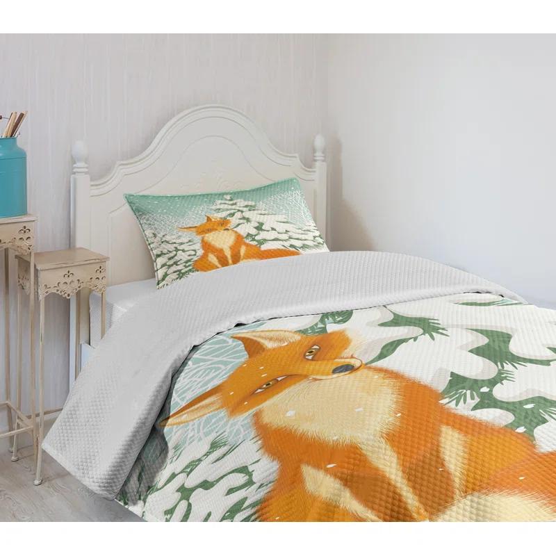 Ambesonne Ambesonne Fox Bedspread Set Red Fox Winter Forest Xmas Almond Green Orange