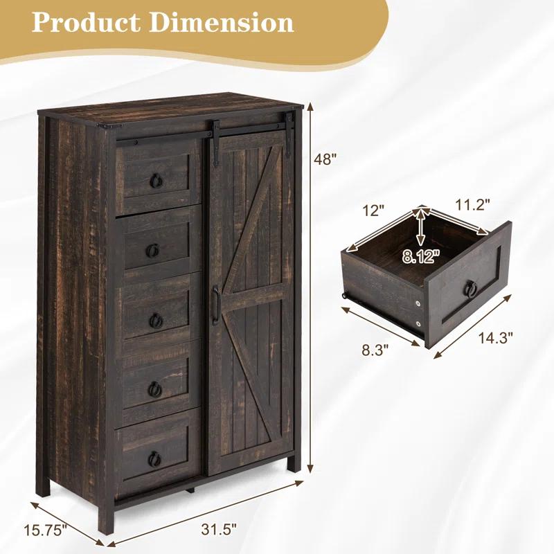 Gracie Oaks 5 Drawers Dresser With Cabinet, 48" Tall Chest, Wooden Closet Dresser With Sliding Barn Door For Living Room, Hallway