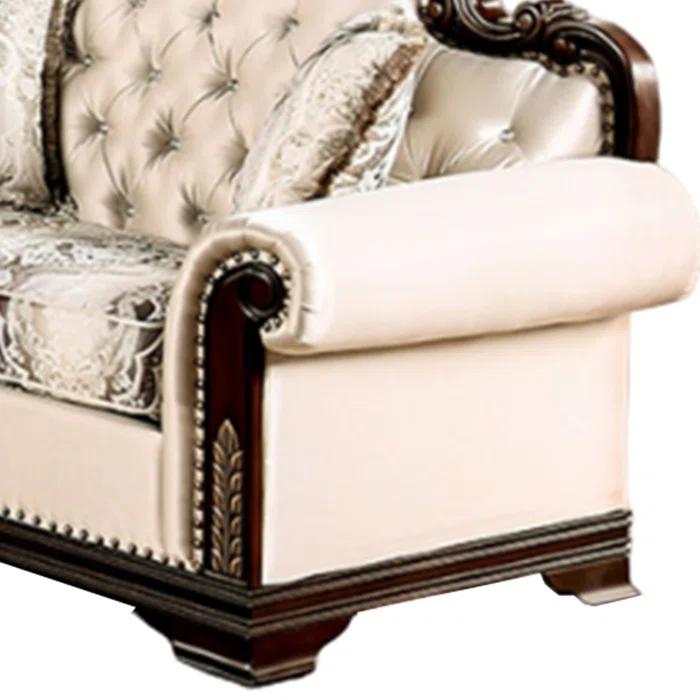 Benjara Catie 66 Inch Loveseat, Beige, Nailhead Trim, Cherry Brown Solid Wood