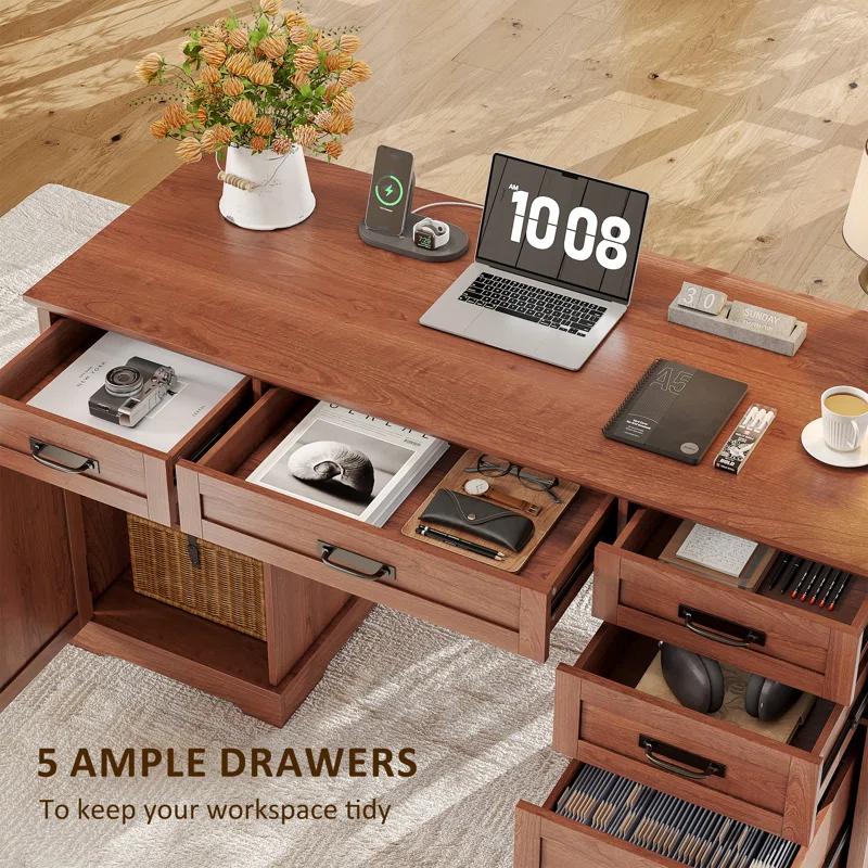 August Grove® Clabe 55'' Farmhouse Executive Desk with Drawers, File Cabinet and Power Outlets