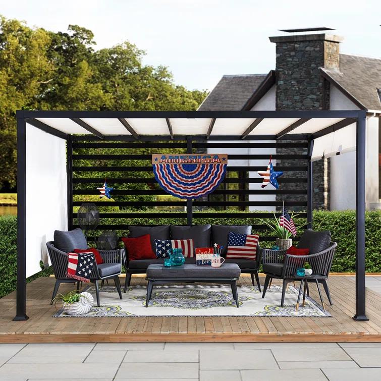 Sunjoy Sunjoy Outdoor Pergola 10 x 12 ft. Steel Pergolas with White Adjustable Shade and Privacy Screen for Backyard