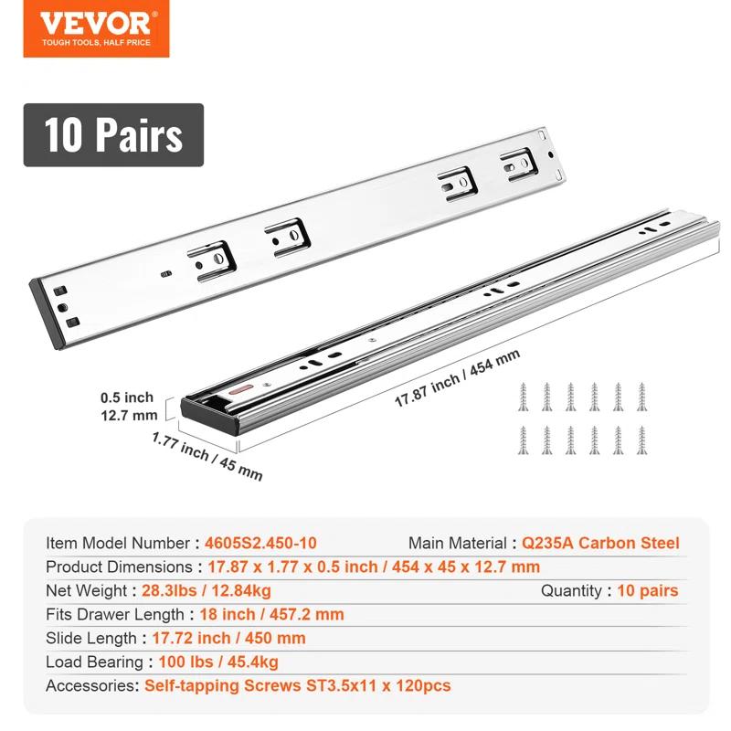 VEVOR Full Extension 1.77'' Soft Close Side Mount Metal Drawer Slide (Set of 10)