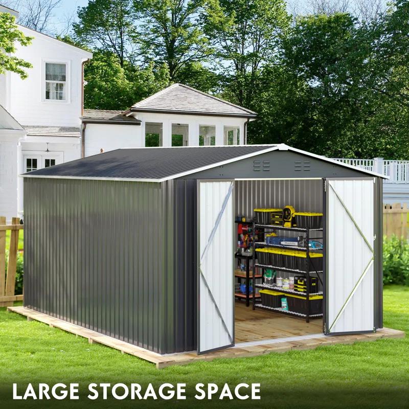 10 ft. W x 14 ft. D Outdoor Metal Shed Storage with Updated Frame Structure and Lockable Doors