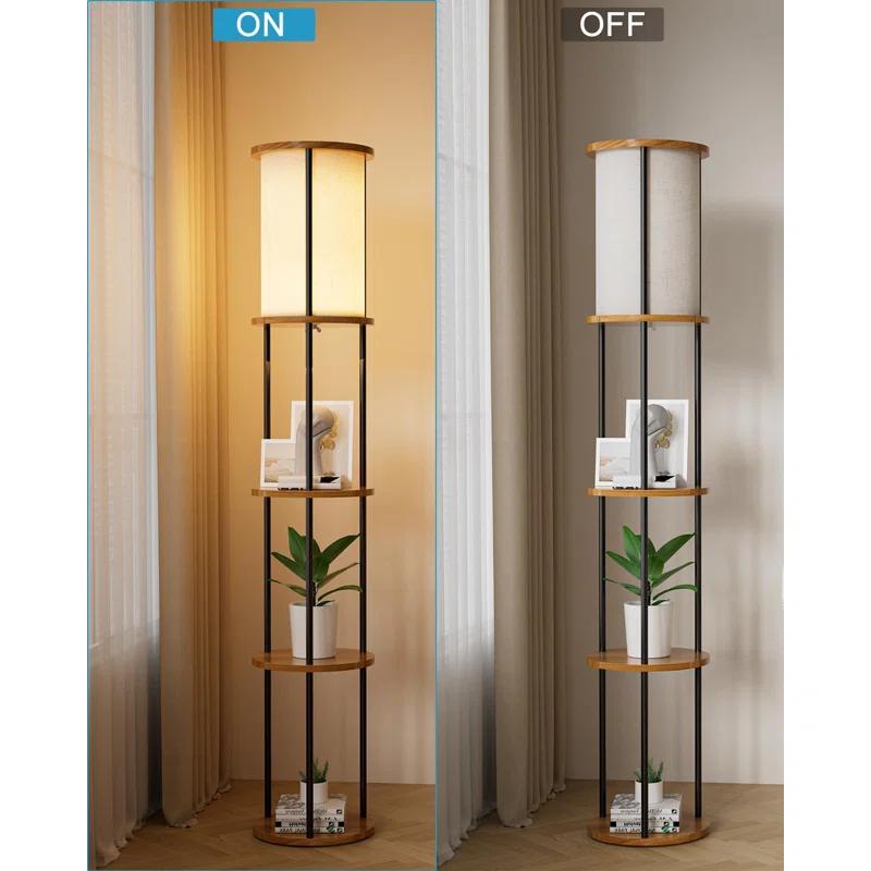 17 Stories Lightdot 61IN 3-Tier Shelf Floor Lamp With E26 Bulb Included, Black Standing Lamp For Living Room, Bedroom, Sofa Corner - Sturdy Wood Design With Fabric Lampshade