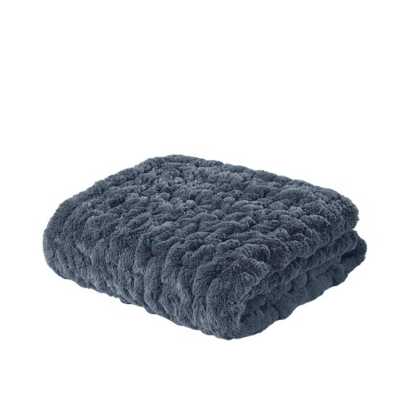 Madison Park Slate Blue Ruched Fur Throw 50x60"