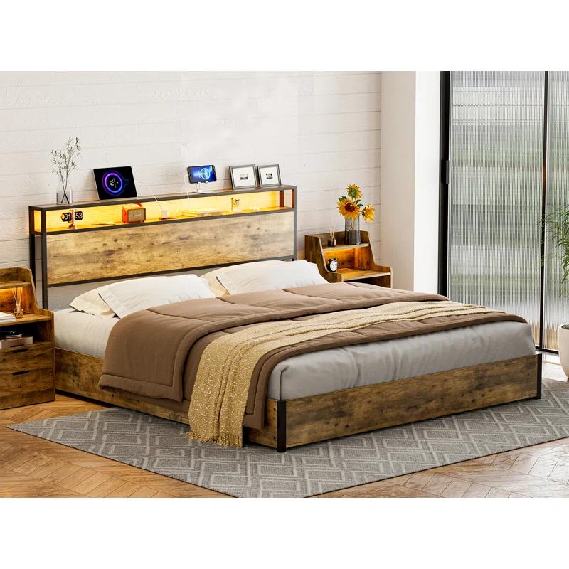Ivy Bronx Kaiwei Storage Headboard With Led Lights & Charging Station - Industrial Metal And Wood