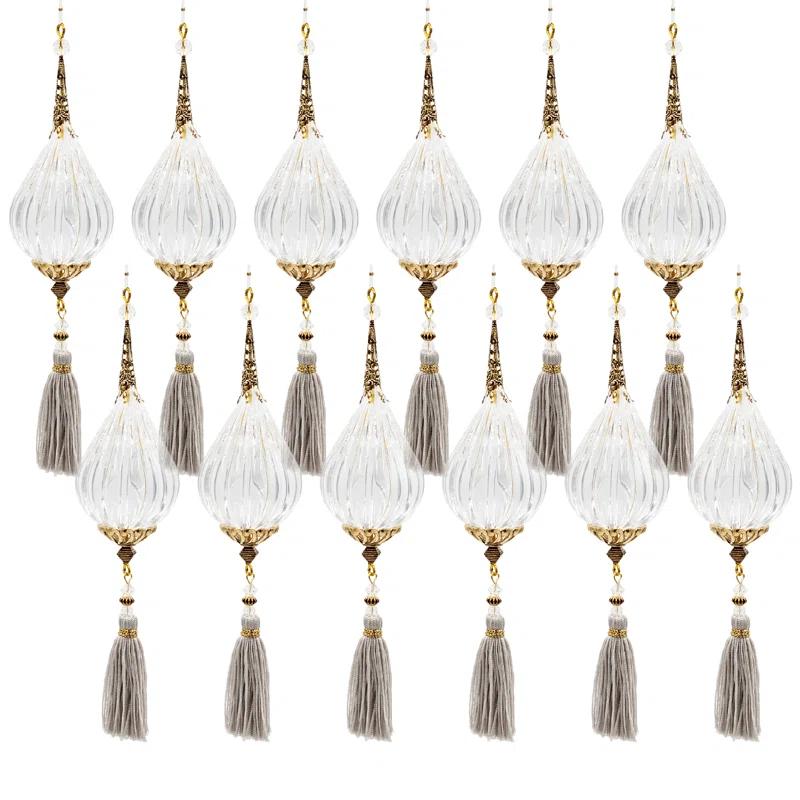 Long Acrylic Drop With Polyester Tassel Hanging Ornament Set of 12 8.7" Clear/Silver (Set of 12)