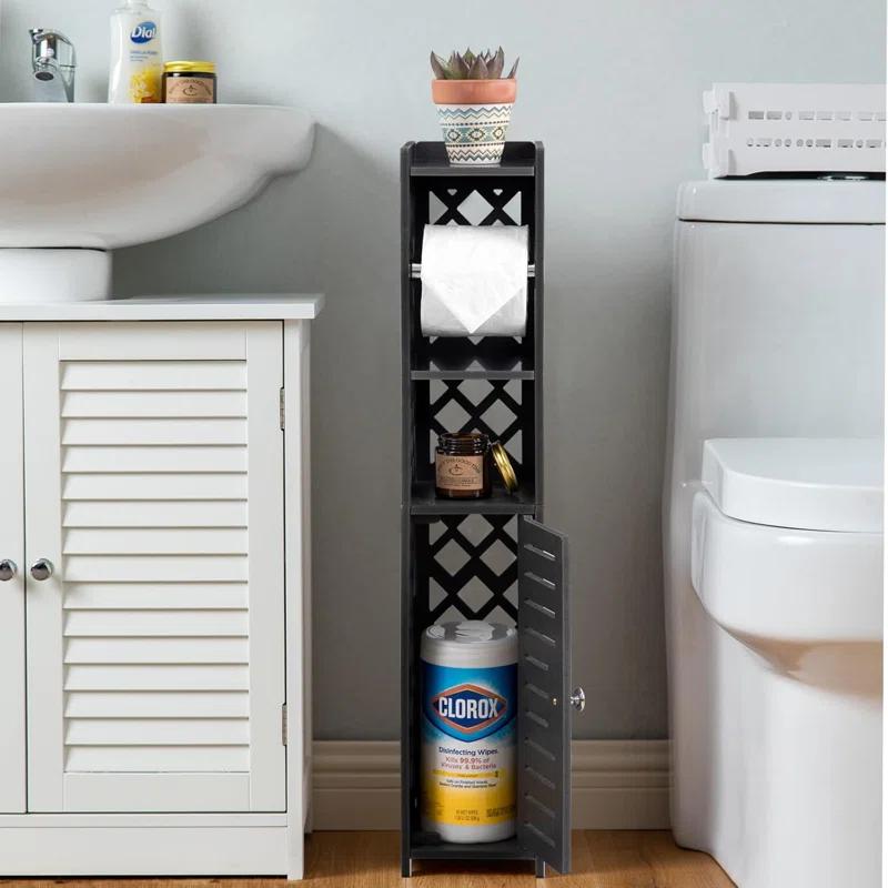 Danhires Toilet Paper Storage Cabinet,Toilet Paper Holder Stand,Bathroom Storage Cabinet With Roller,Slim Storage Cabinet For Small Space,Black