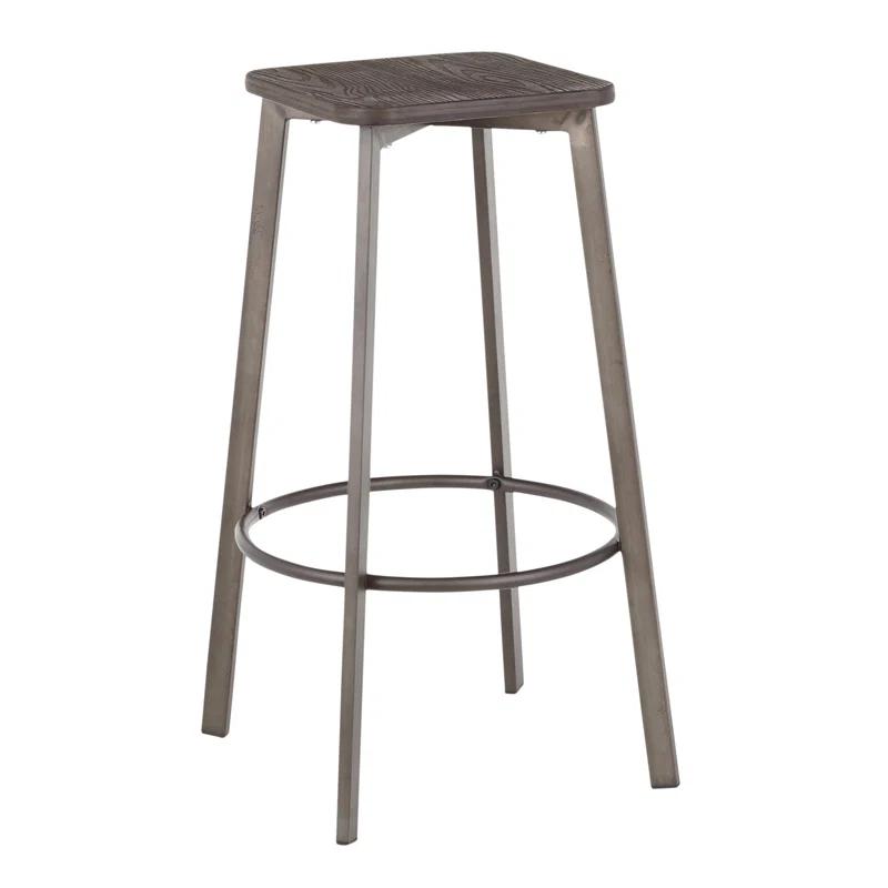 17 Stories Square Barstool In Vintage Metal And Espresso Wood-Pressed Grain Bamboo By Lumisource - Set Of 2