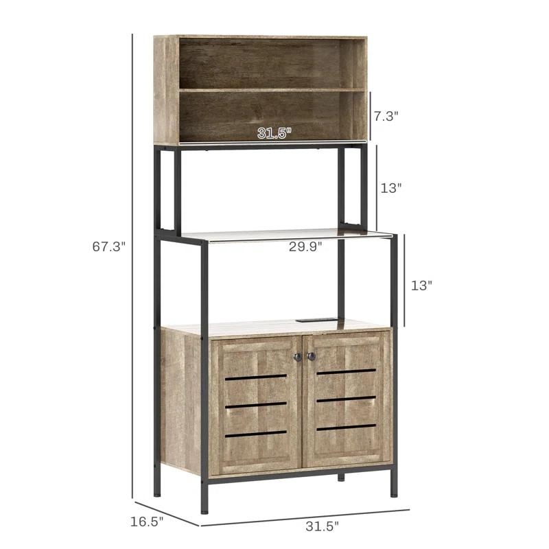 17 Stories Kitchen Bakers Rack With Power Outlet, Coffee Bar Cabinet With Storage Shelves, Microwave Stand With Louvred Door Cabinets