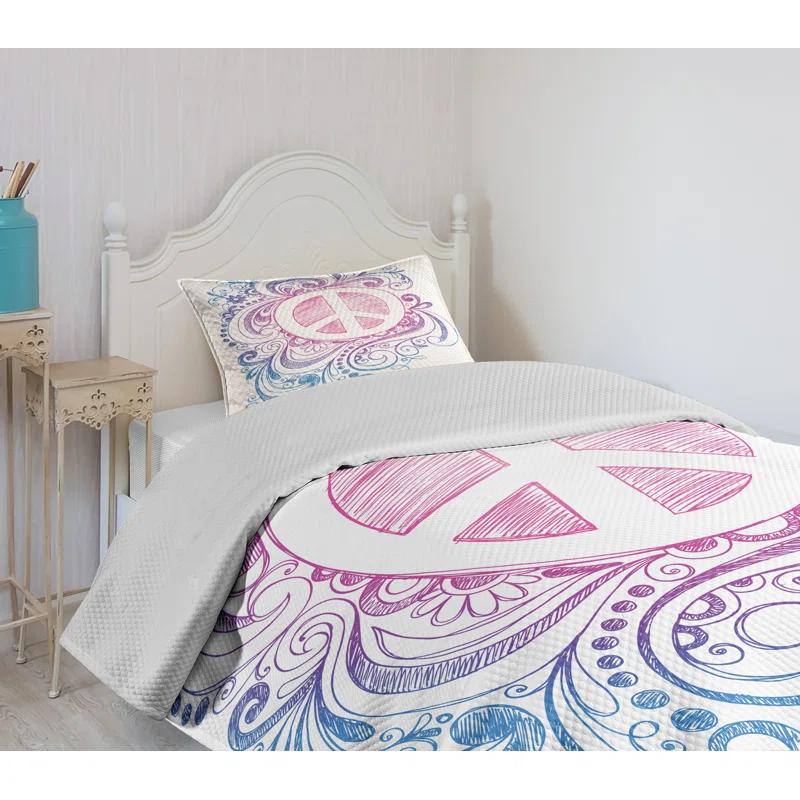 Ambesonne Ambesonne Groovy Bedspread Set Peace Sign and Swirls Pink Blue White